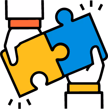 Two hands holding and connecting blue and yellow puzzle pieces.