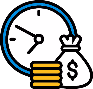 Clock showing time with stacked coins and a money bag with a dollar sign.