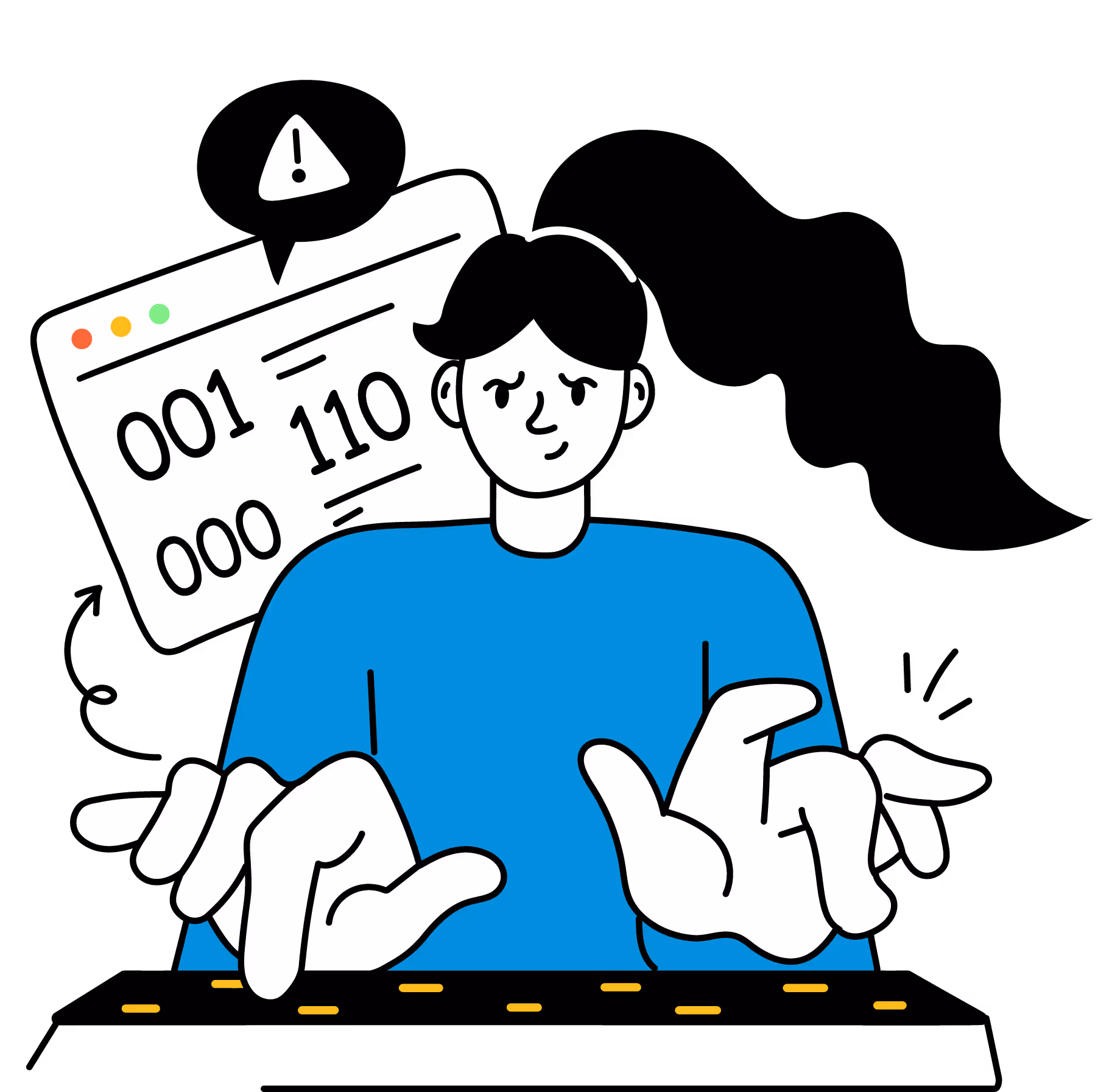 Illustration of a person in a blue shirt with large hands typing on a keyboard, with a floating screen showing binary code and a warning symbol above.