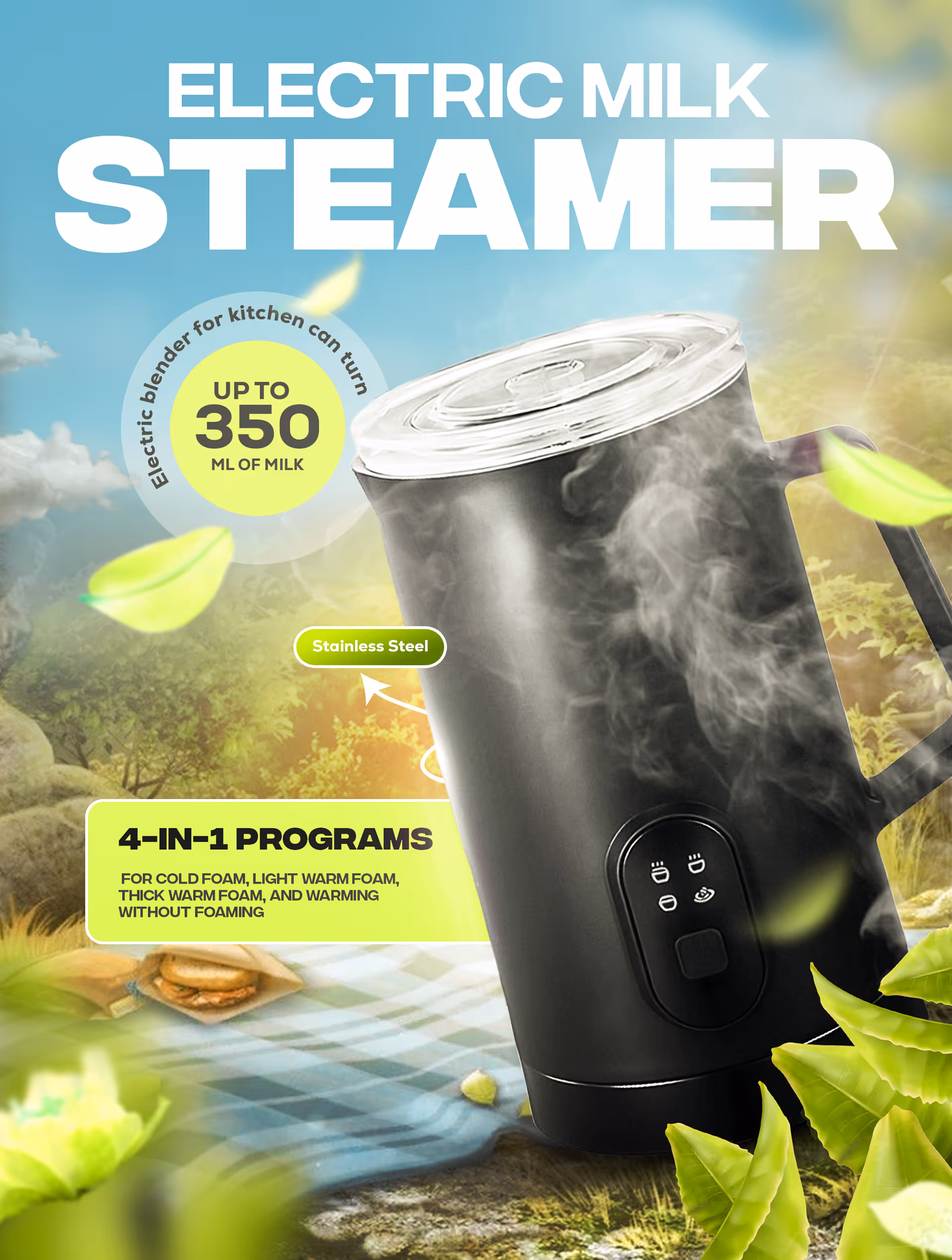Black electric milk steamer emitting steam, featuring 4-in-1 foam programs and stainless steel design, set against an outdoor nature background.
