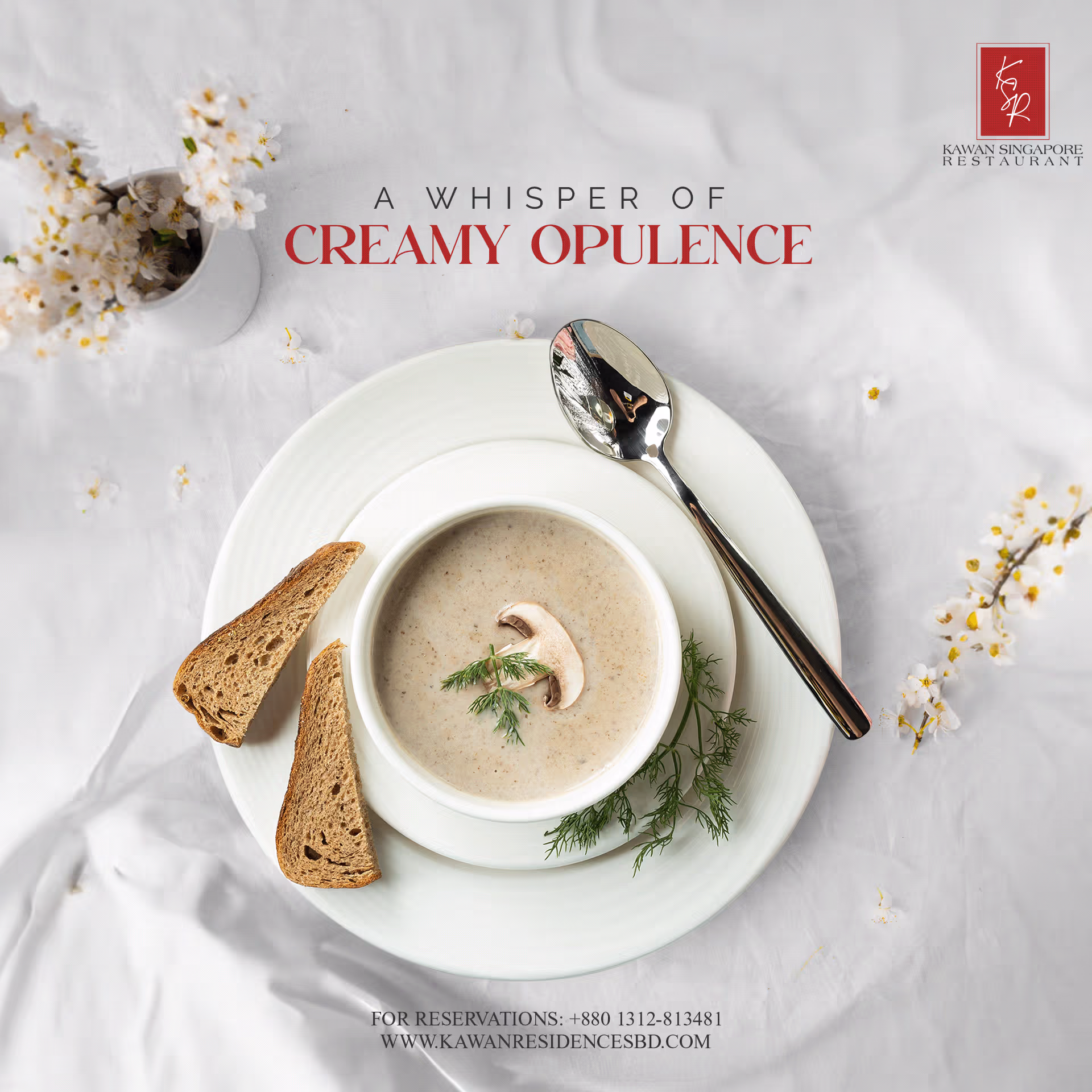 Creamy mushroom soup garnished with a mushroom slice and dill, served with two slices of brown bread and a spoon on a white plate.