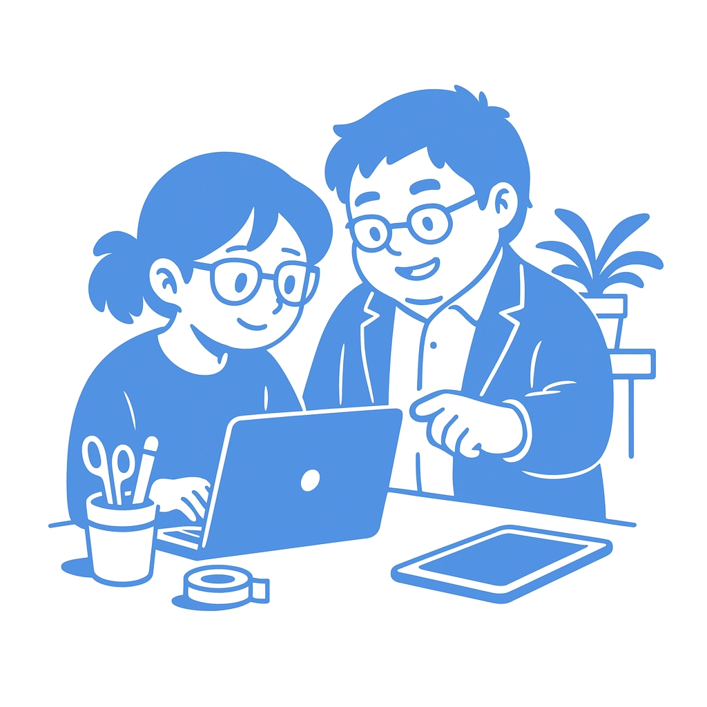 Illustration of a person who is helped by the advise of an other person on a work in a desktop