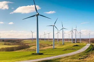 Múltiplas turbinas eólicas altas com céu azul ao fundo, localizadas em um campo verde com uma estrada sinuosa, ilustrando a geração de energia eólica renovável em um ambiente rural.