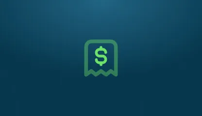 Ícone verde de recibo ou fatura com um símbolo de dólar no centro, representando transações financeiras ou custos, sobre um fundo azul escuro.