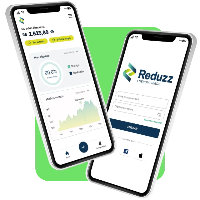 Dois smartphones sobrepostos mostrando aplicativos de tela inicial. O smartphone da esquerda exibe uma interface financeira com um saldo disponível e um gráfico de vendas, enquanto o da direita apresenta a tela de login de um app de energia verde.