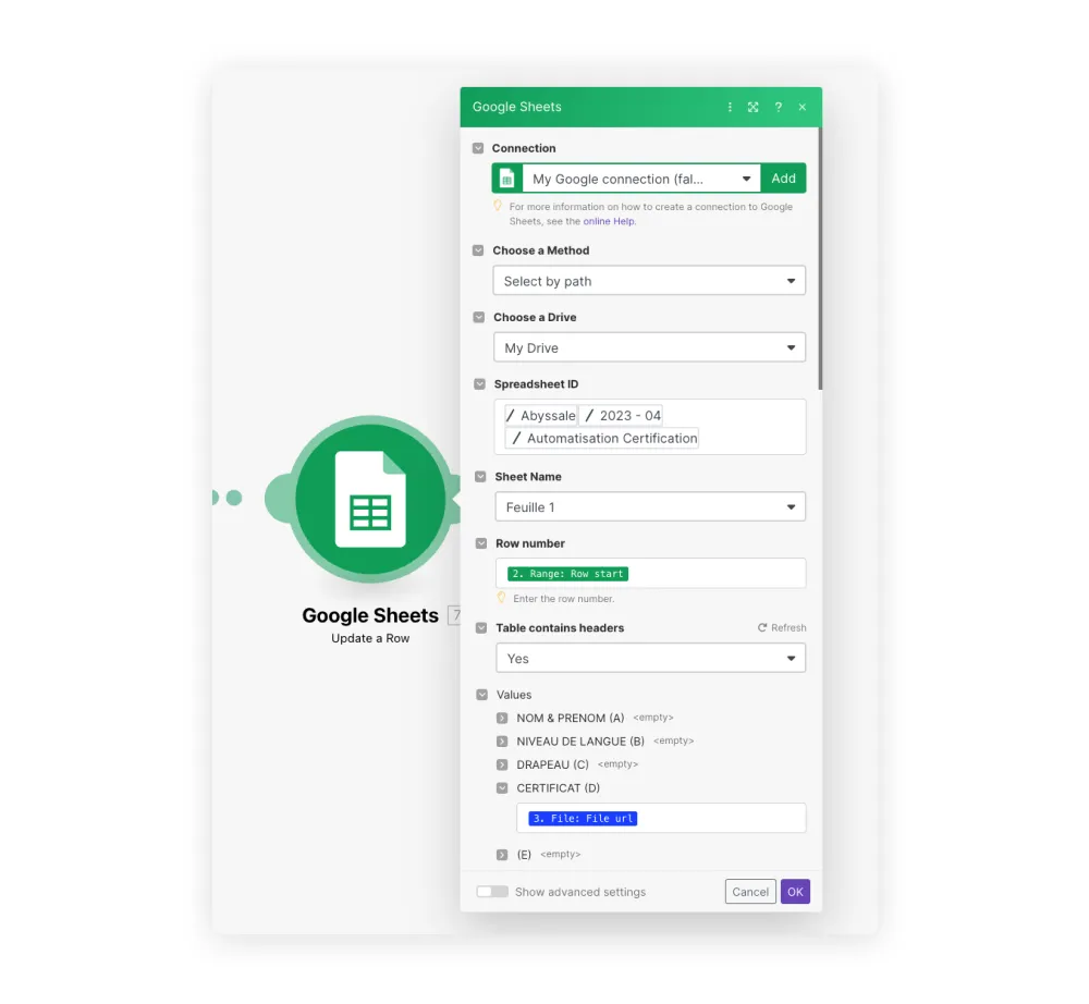 make google sheets update a row module