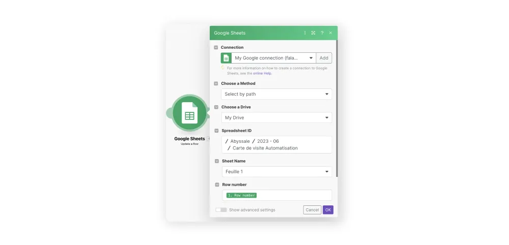 make google sheets update a row module