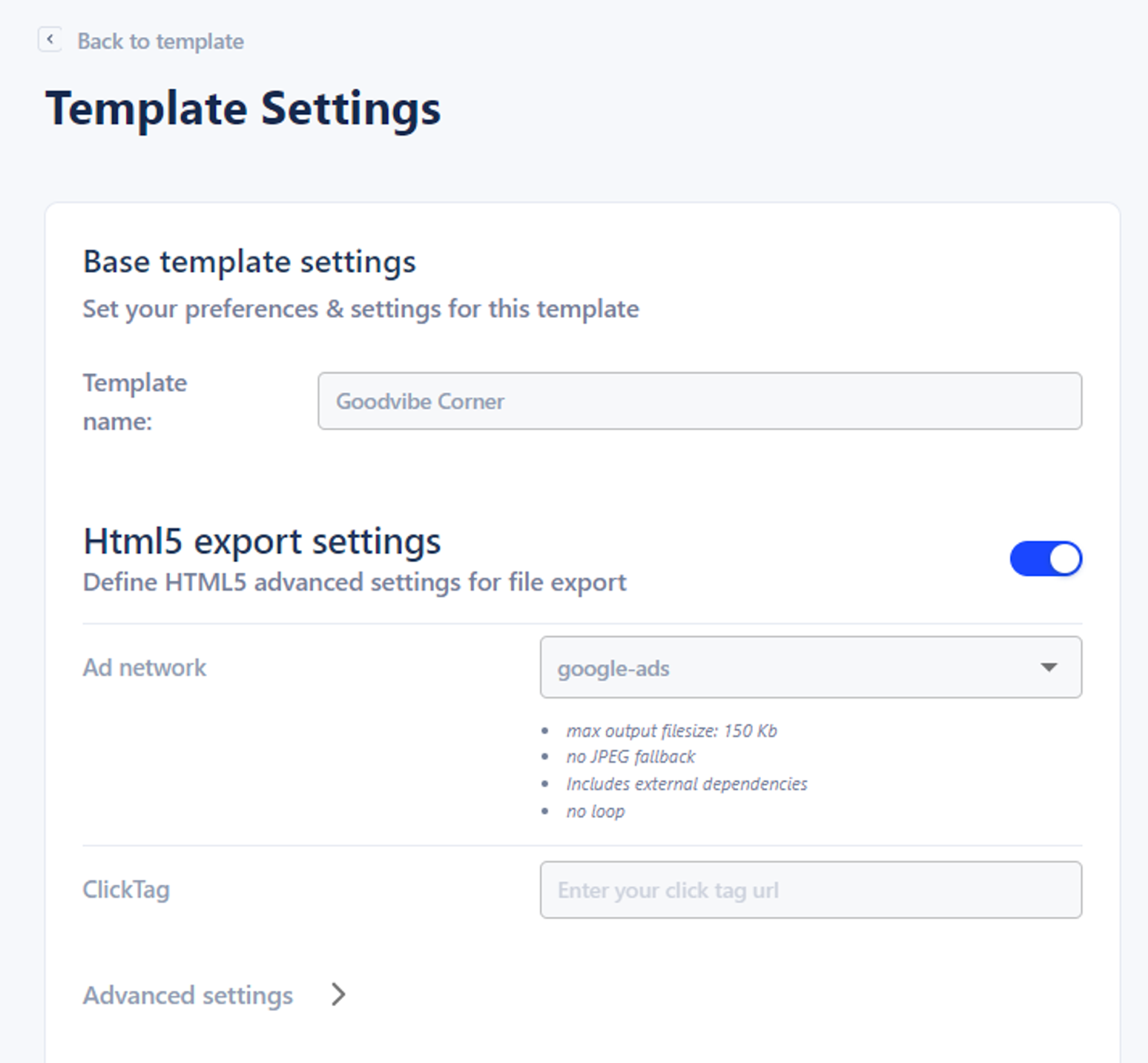 Exporting your HTML5 ad settings.