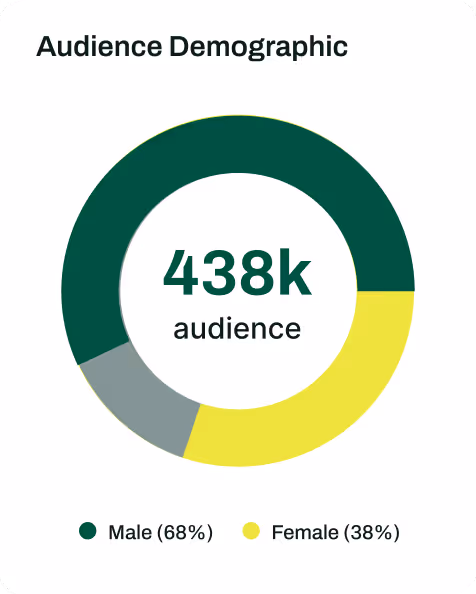 Donut chart showing audience demographic with 438k total audience: 68% male and 38% female.