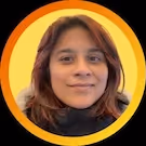 Portrait of a woman with medium-length brown hair against a circular gradient background from orange to yellow.