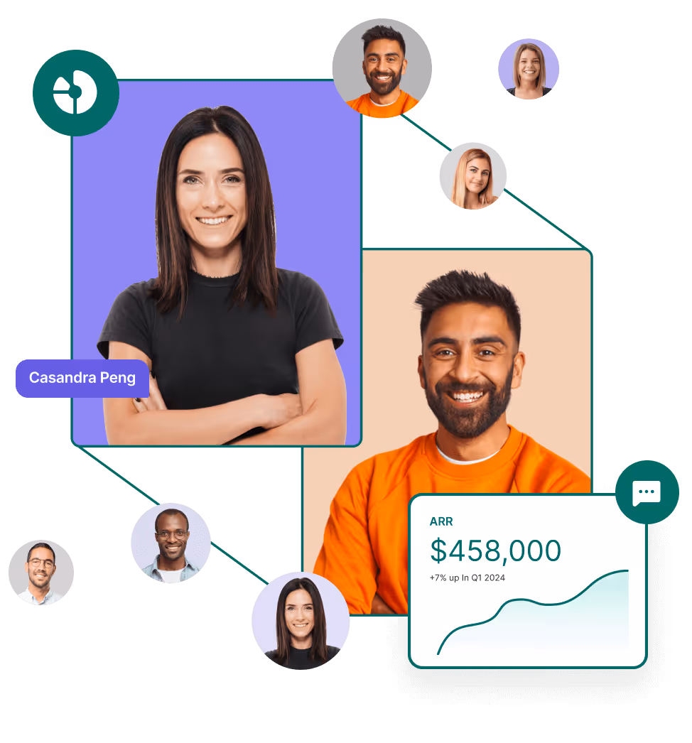 Graphic showing a smiling woman labeled Casandra Peng and a smiling man in an orange shirt with connected smaller circular headshots, plus a financial stat card displaying ARR $458,000 with a +7% increase in Q1 2024.