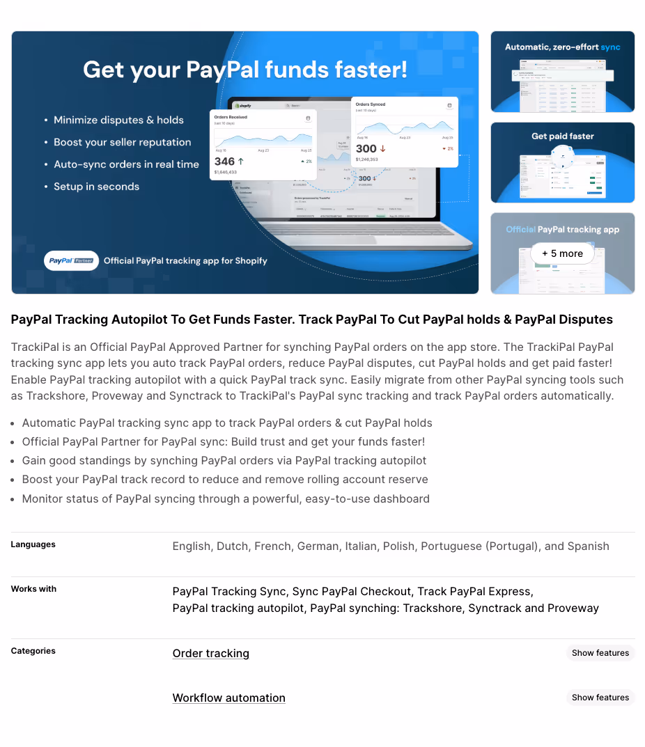 TrackiPal Shopify App Store Listing