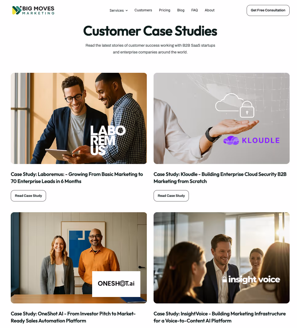 Website page showing four customer case studies with images of professionals and company logos: Laboremus, Kloudle, OneShot AI, and InsightVoice.
