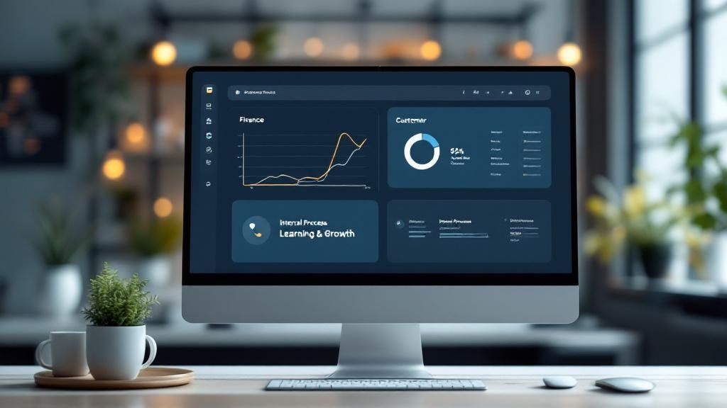 A balanced scorecard framework showing its four interconnected perspectives: Financial, Customer, Internal Business Processes, and Learning and Growth