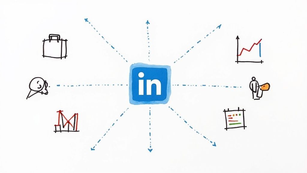 A professional woman sitting at a desk, looking thoughtfully at a laptop screen displaying LinkedIn.