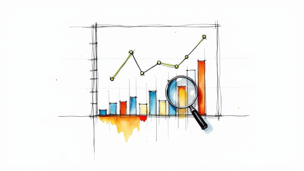 A person at a desk looking at a laptop screen displaying analytics charts and graphs with a focused expression.