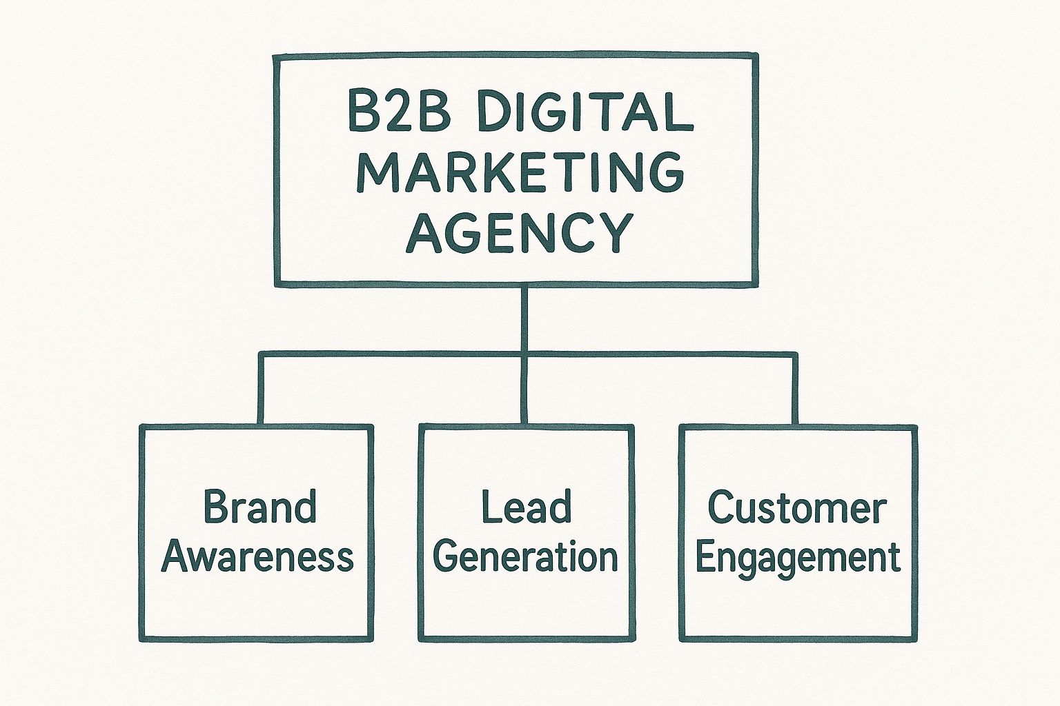 Infographic showing a B2B Digital Marketing Agency branching into Brand Awareness, Lead Generation, and Customer Engagement