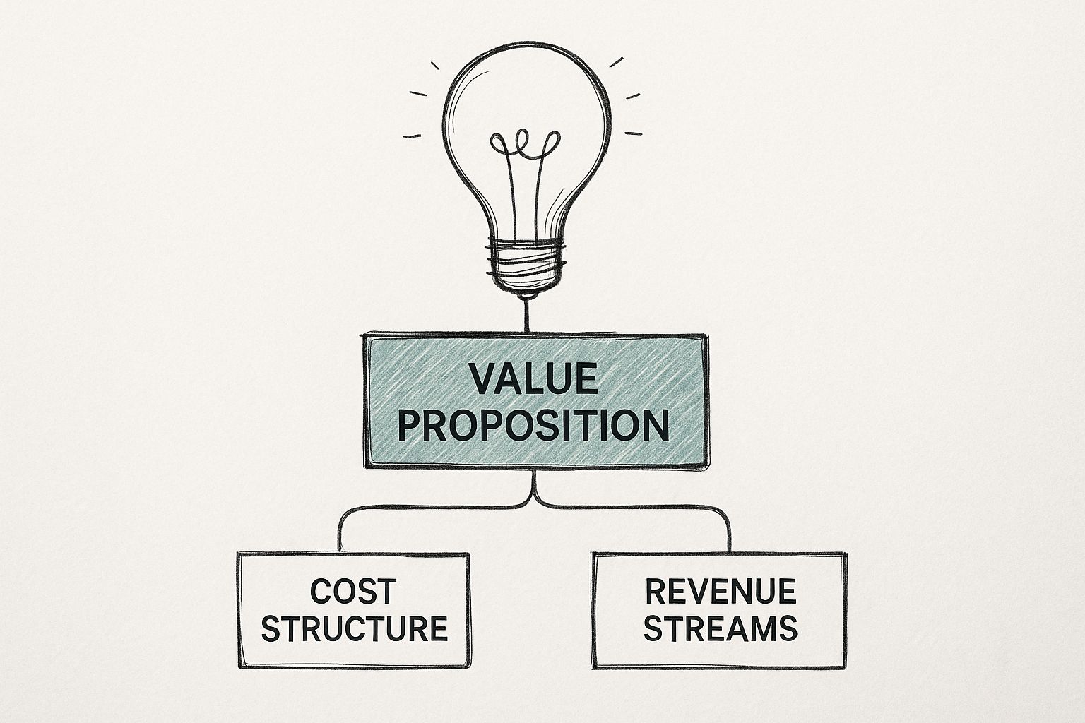 Infographic showing a lightbulb branching into interconnected blocks for value proposition, cost structure, and revenue streams.