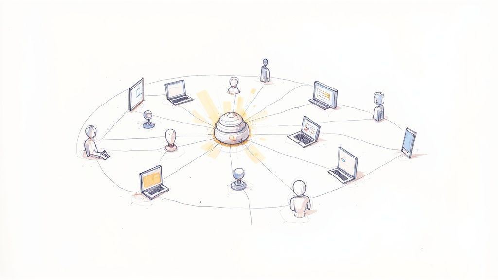 A team of marketing professionals collaborating around a table with laptops and charts, illustrating strategic planning for B2B services.