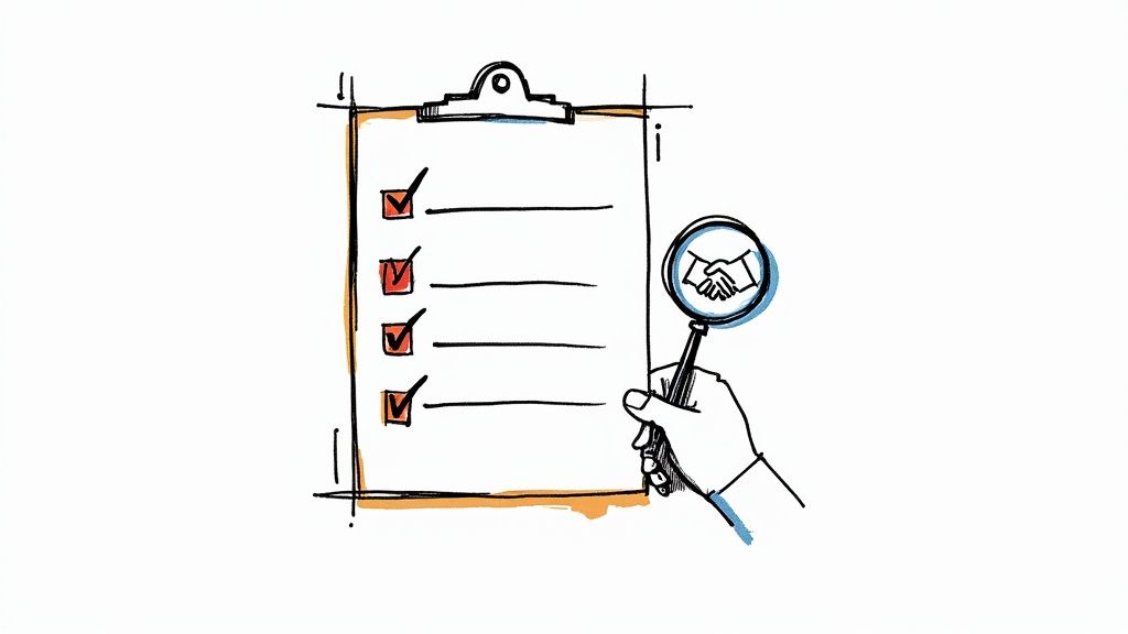 A person pointing at a checklist on a clipboard, symbolizing a careful selection process.