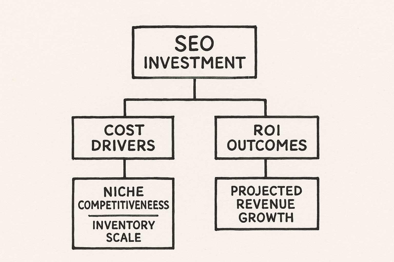 Infographic visualizing B2B SEO investment, with cost drivers like solution complexity and target market size leading to ROI outcomes like projected revenue growth.