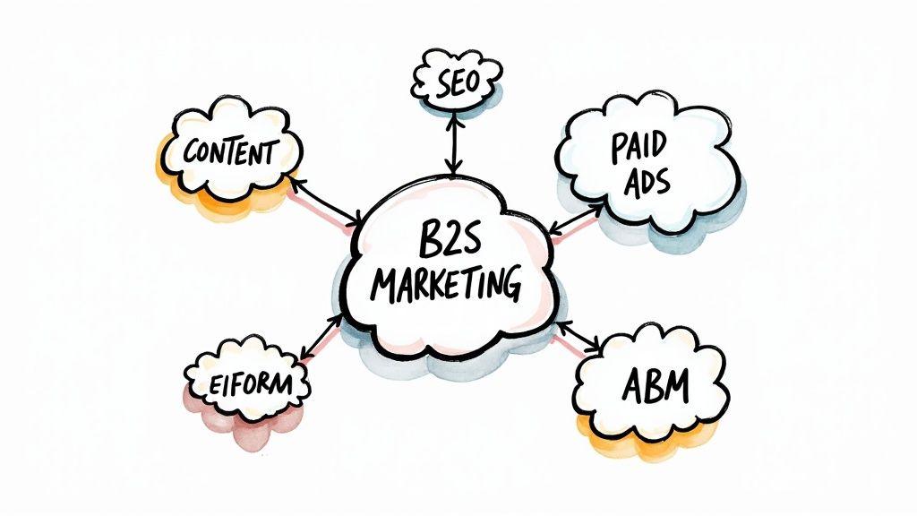 A strategic diagram showing different marketing channels converging towards a central goal, representing an integrated channel strategy.
