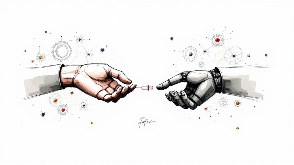 A futuristic graphic showing interconnected nodes and data points, representing AI in marketing.