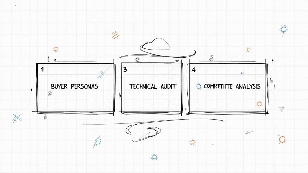A blueprint on a desk with drafting tools, symbolizing a strategic foundation.