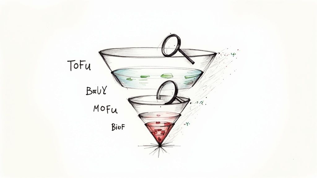 A magnifying glass hovering over a computer screen, symbolizing detailed keyword research.