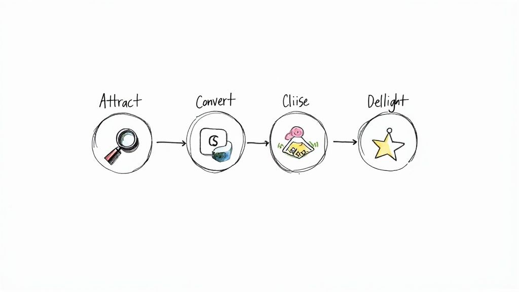 A diagram showing the four stages of the inbound B2B methodology: Attract, Convert, Close, and Delight.