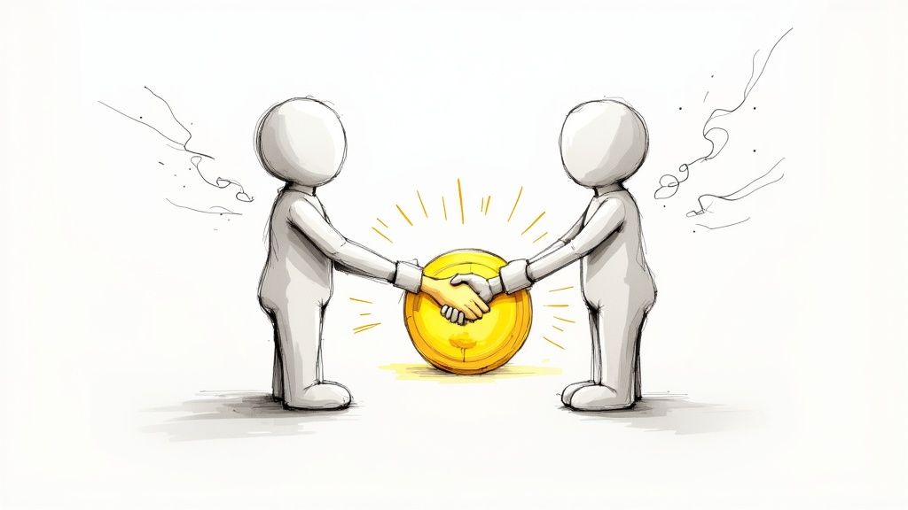 A professional business meeting with two people shaking hands, symbolizing trust and partnership in B2B influencer marketing.
