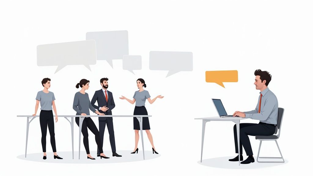 A sales team working with advanced technology and data visualizations.