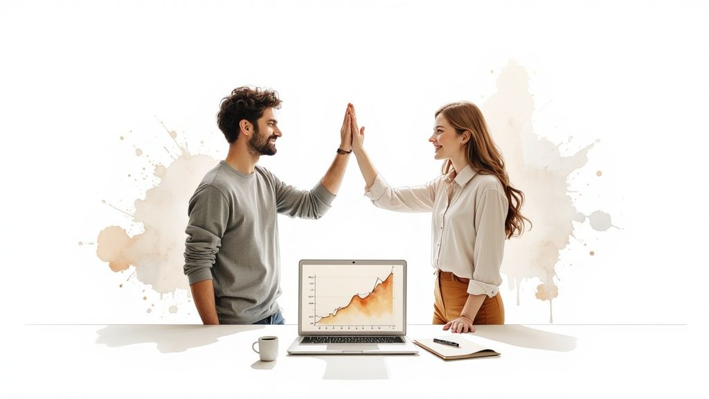 Two professionals shaking hands across a desk, signifying a successful partnership.
