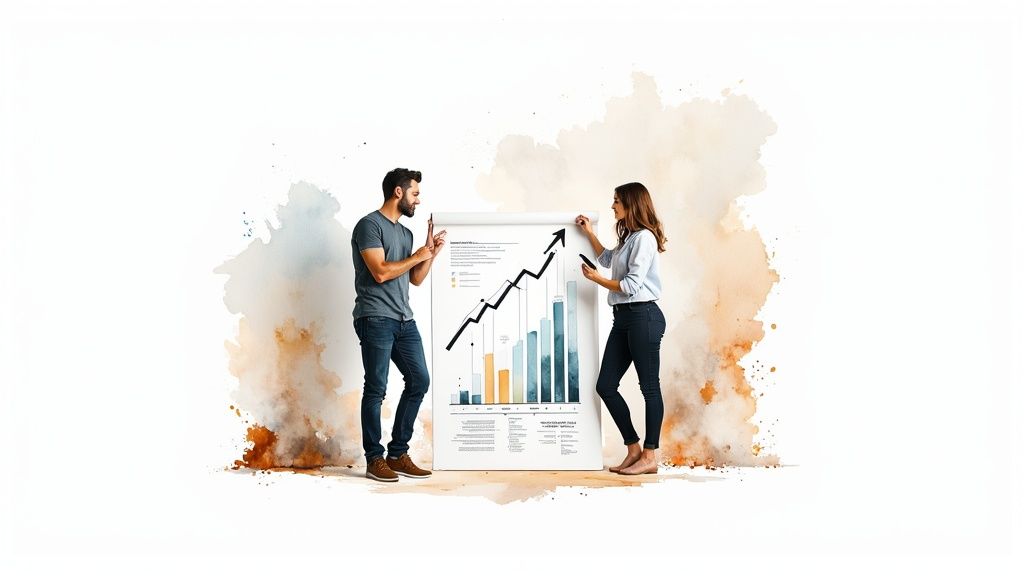 A team of professionals collaborating on a marketing strategy in a modern office.
