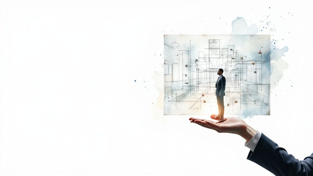 Architects reviewing a blueprint for a modern building, symbolizing a B2B CRM software plan.
