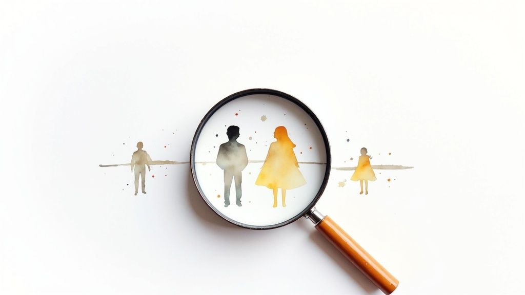 A magnifying glass hovering over digital data points, representing the search for buyer intent.