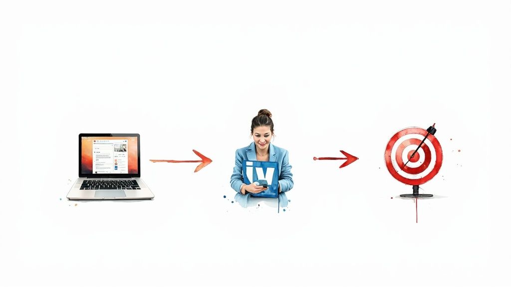A multi-channel marketing funnel with icons for content, social media, and SEO flowing towards a central point.