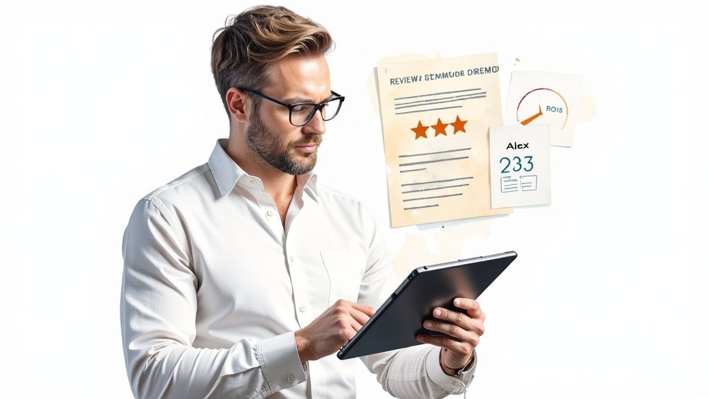 An operations director evaluating solutions on her laptop, illustrating the modern B2B buyer's journey.