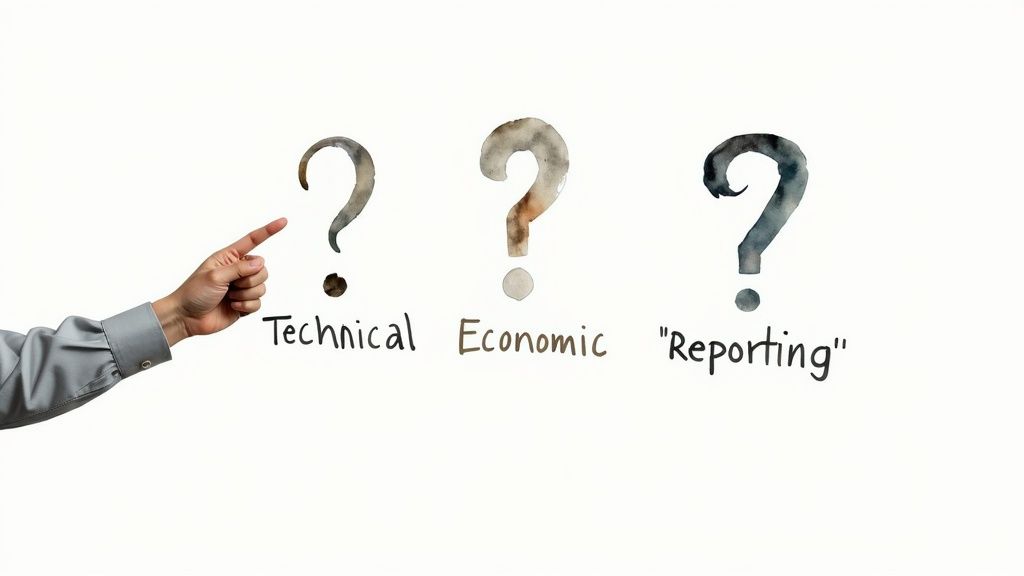 People in a meeting discussing questions on a whiteboard