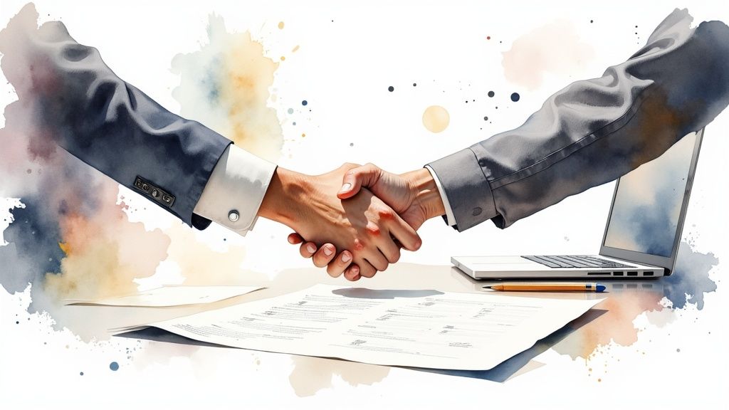 Two people shaking hands in a modern office setting