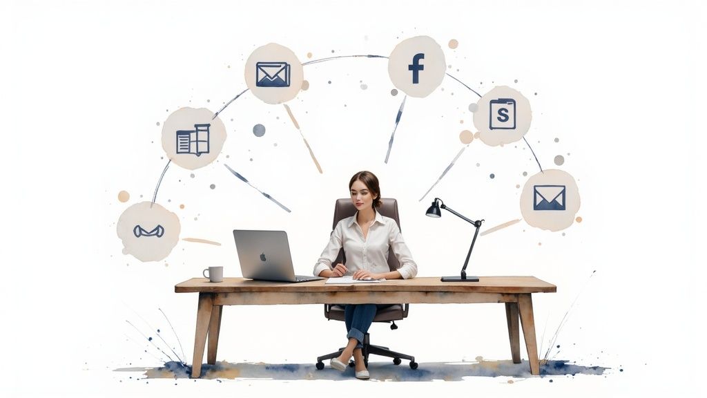 A group of B2B professionals collaborating around a digital interface, symbolizing the central role of marketing automation platforms