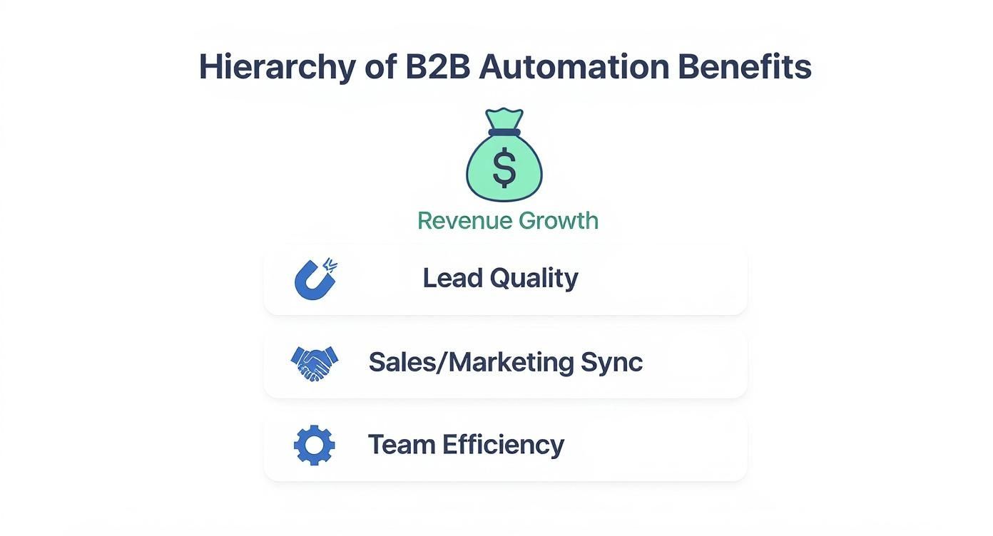 An infographic showing the benefits of B2B marketing automation, starting with Revenue Growth and branching into Lead Quality, Sales/Marketing Sync, and Team Efficiency.
