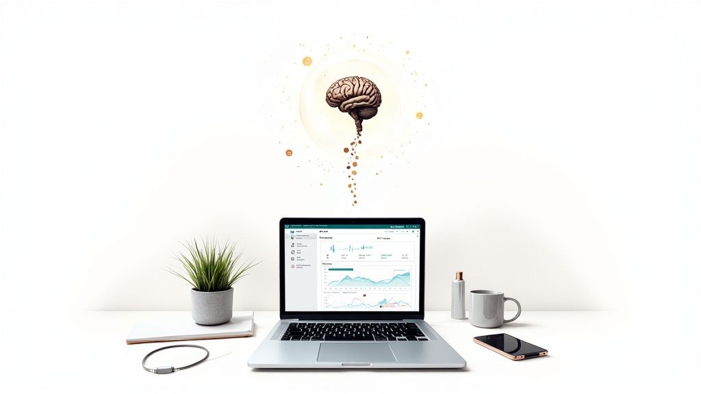 A futuristic interface showing AI analyzing sales data and customer profiles