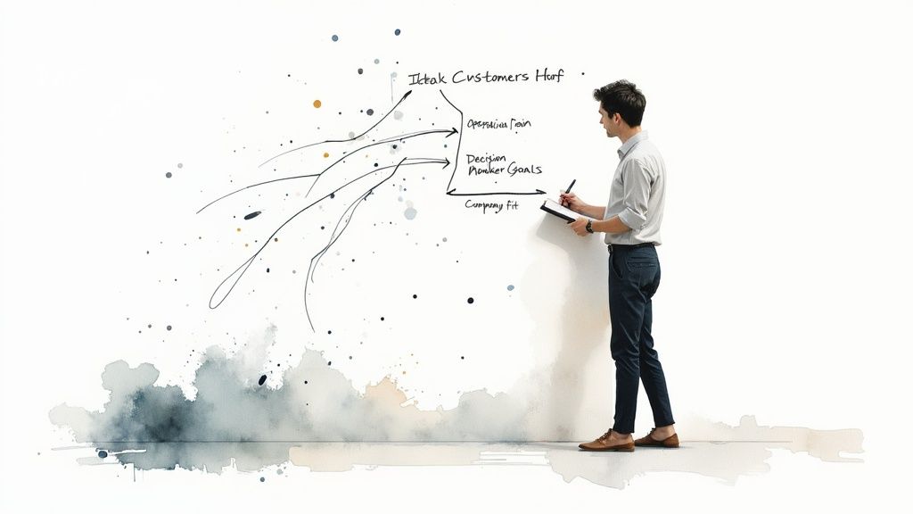 A team collaborating around a table with laptops and documents, planning their B2B lead strategy.