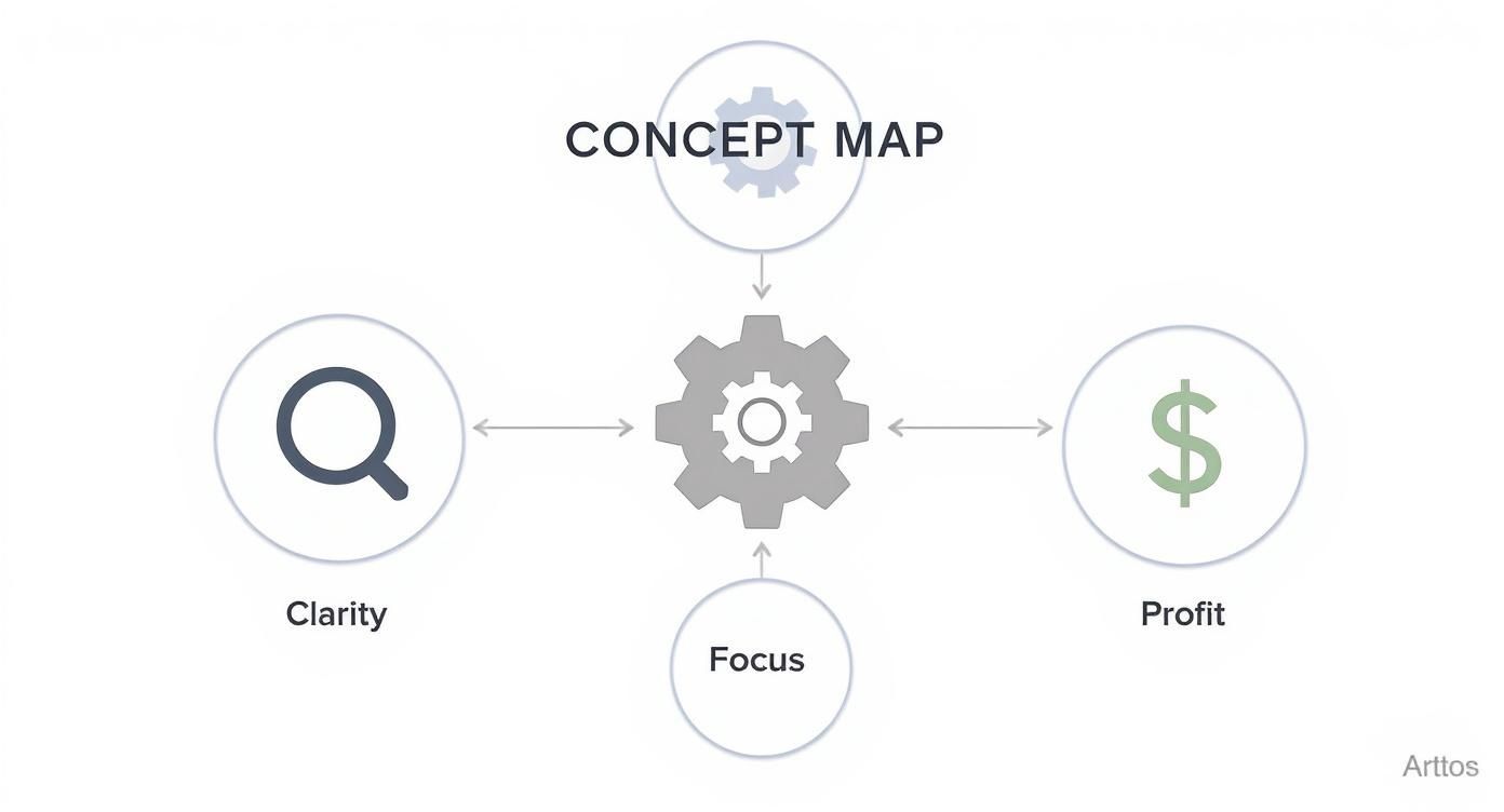 An infographic concept map showing how clarity and focus lead to profit, symbolizing the core benefits of product positioning.
