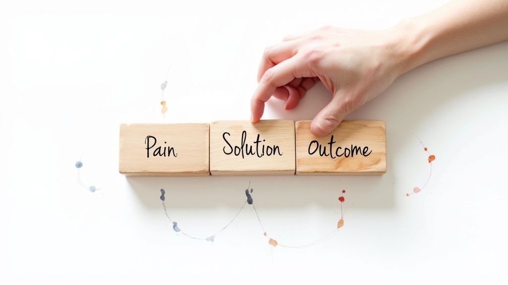A diagram showing the three core elements of a value proposition: customer pain, unique solution, and quantifiable outcome.