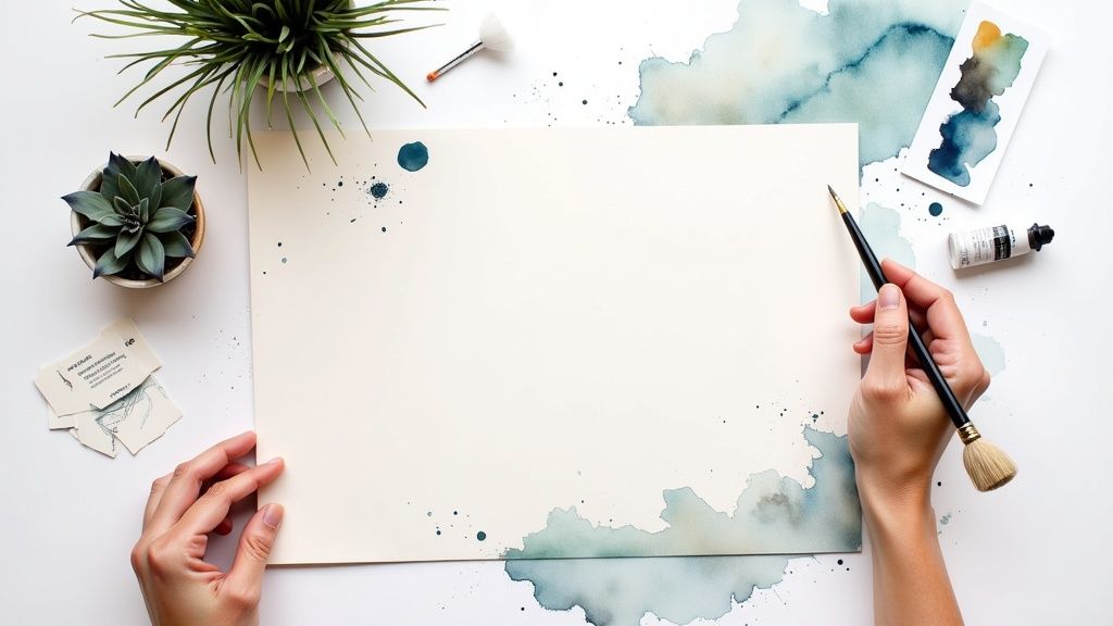 A person thoughtfully arranging elements of a pitch deck on a large screen, symbolizing the combination of narrative and visual design.