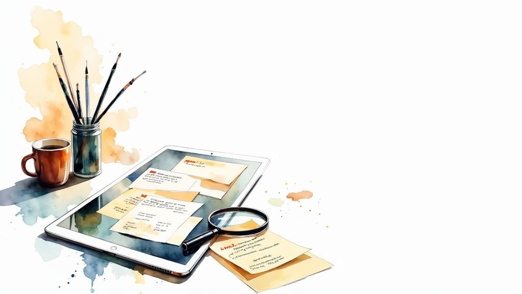 A person at a desk analyzing data on a computer screen for a competitive battlecard template.