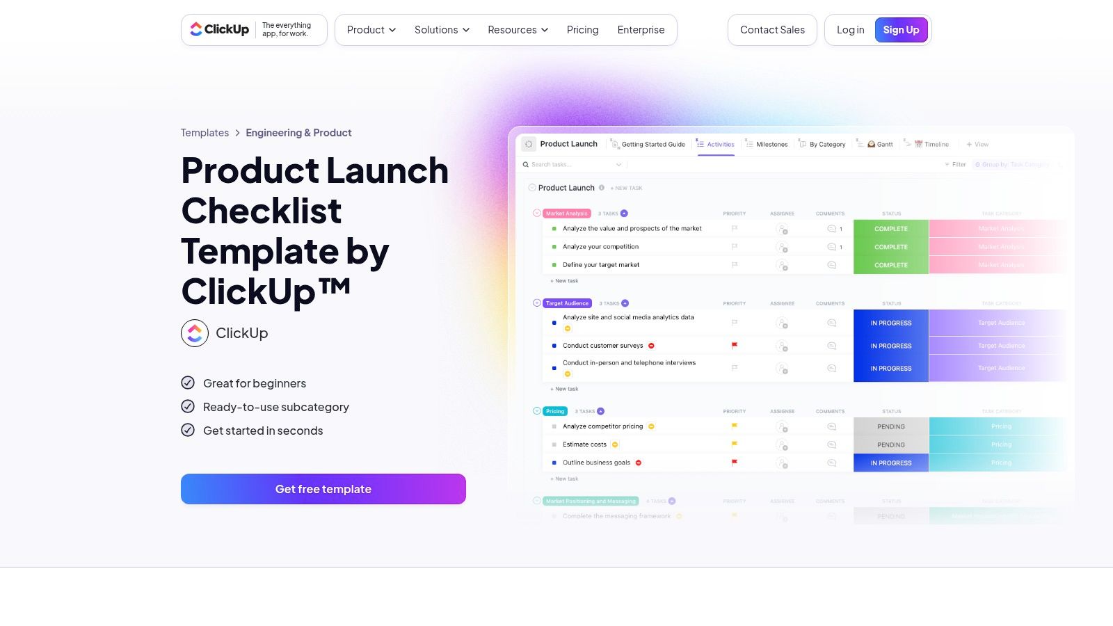 ClickUp's product launch template highlighting its Gantt chart and task list features for project planning.