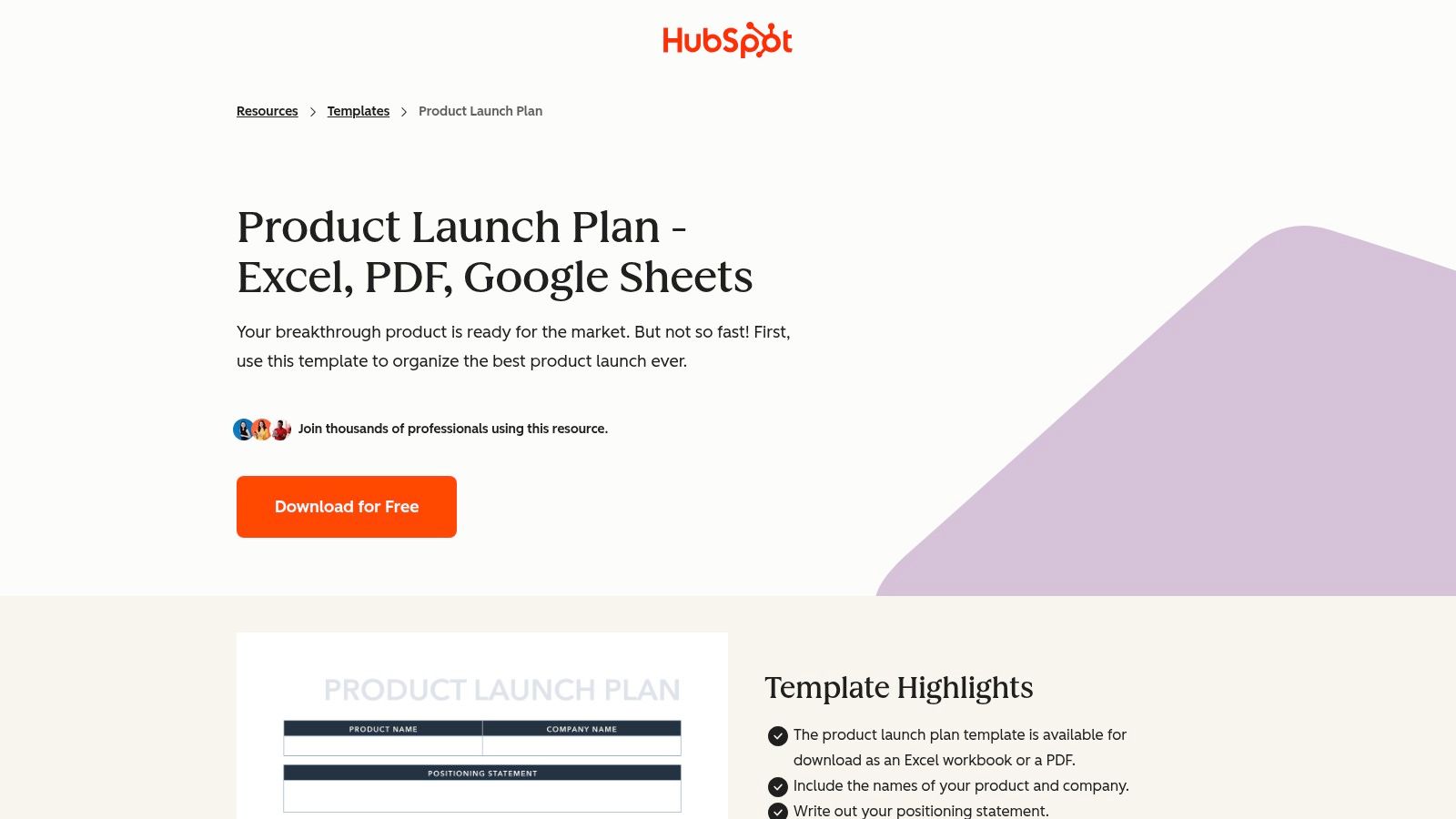 HubSpot's product launch plan template shown in a Google Sheets interface.